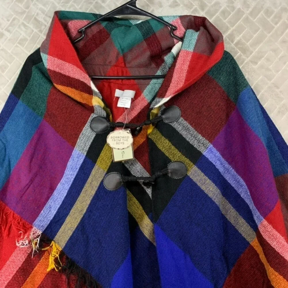 Lake Shore Drive Womens Poncho Toggle Closure Colorful Plaid Fringe Cottage Core - Picture 2 of 16
